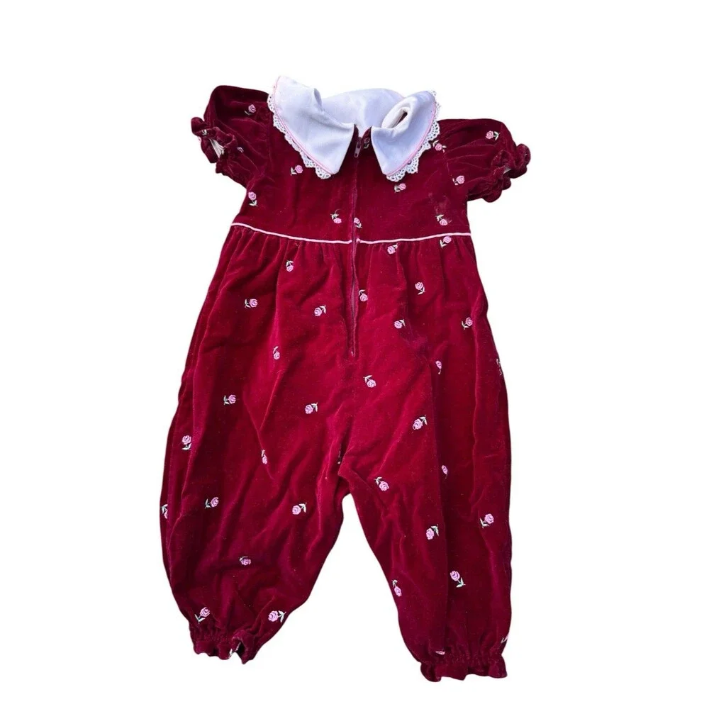 VTG Baby Togs Red Velvet Baby Romper Size 12 Months With Collar -embroidered